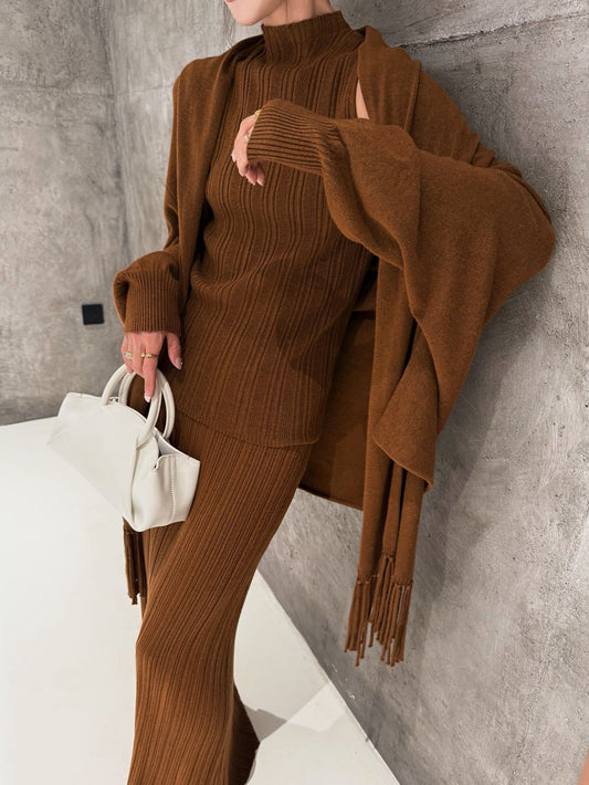 Knitted three-piece set, knitted shawl, vest and skirt