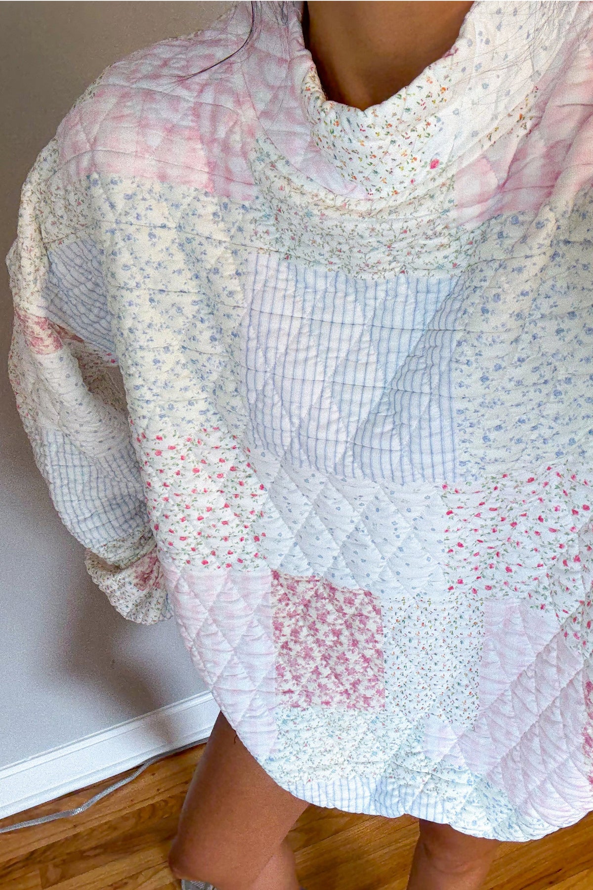 Multicolour Floral Patchwork Quilted Mock Neck Long Sleeve Top