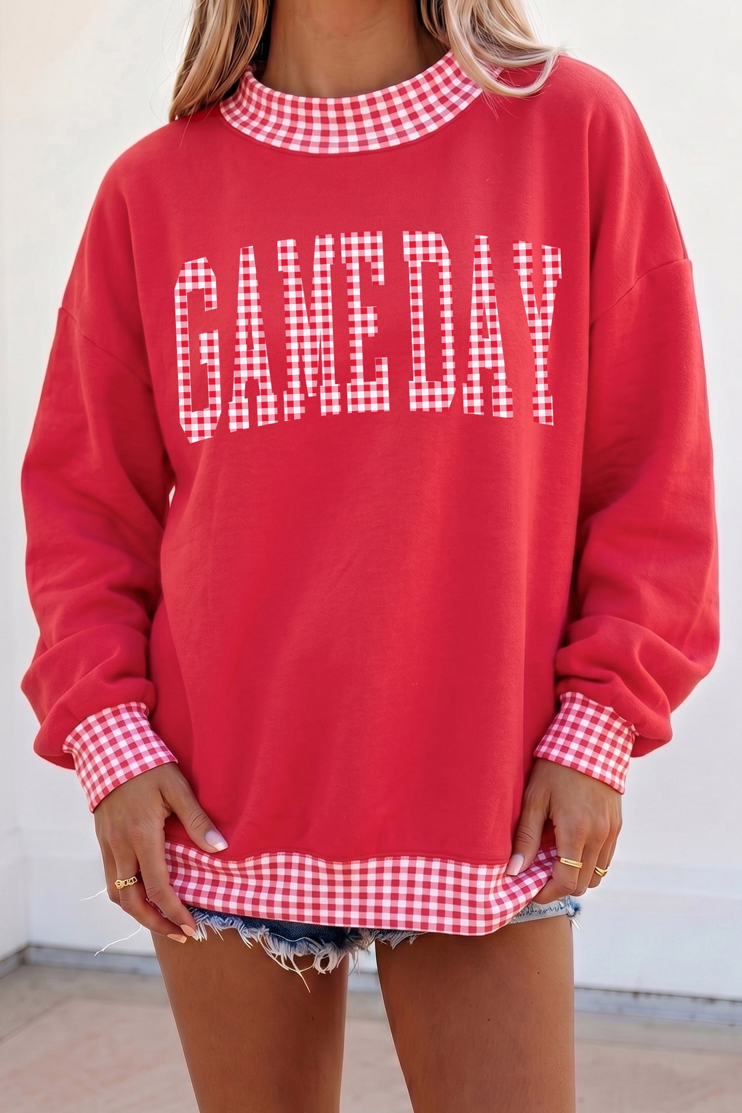 Fiery Red Gingham Plaid Letter Print Tunic Pullover Sweatshirt