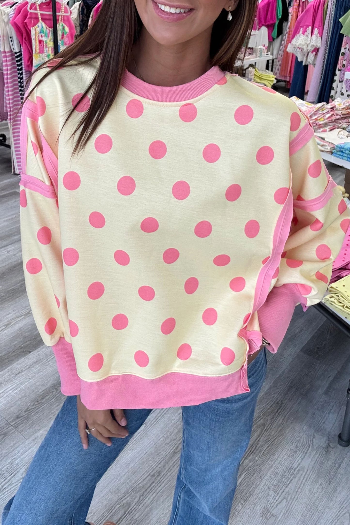 Blue Polka Dot Contrast Patchwork Round Neck Baggy Sweatshirt