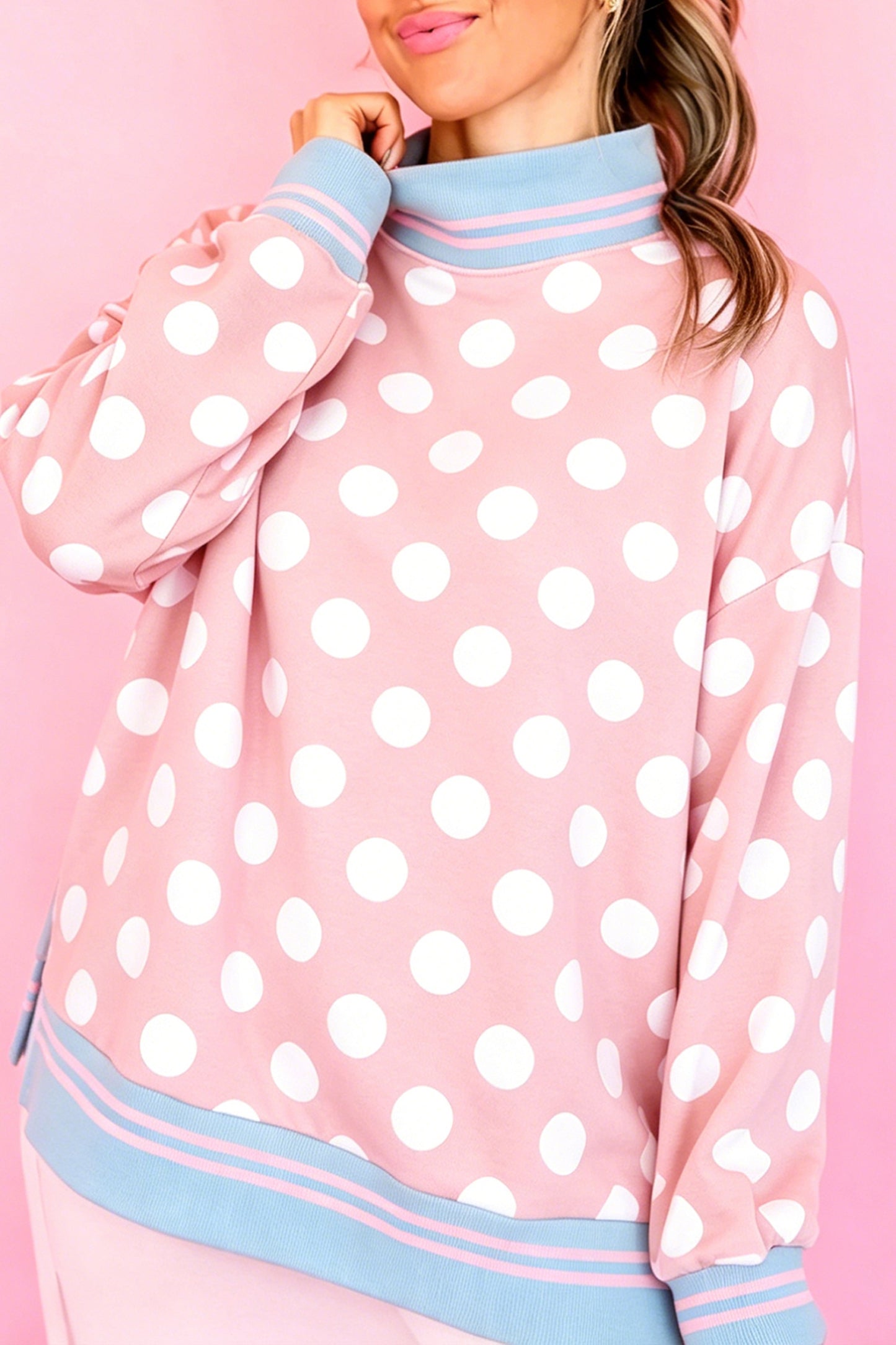 Pink Polka Dot Striped Trim Mock Neck Sweatshirt