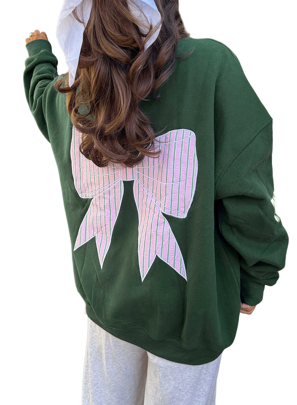 Blackish Green Striped Bow Graphic Oversized Sweatshirt