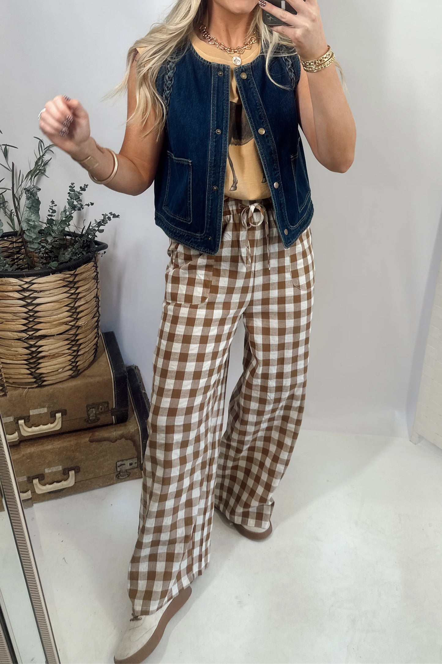 Brown Gingham Plaid Tie Elastic Waist Shift Pants