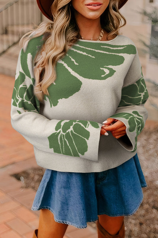 Green Bold Flower Pattern Wide Sleeve Baggy Sweater