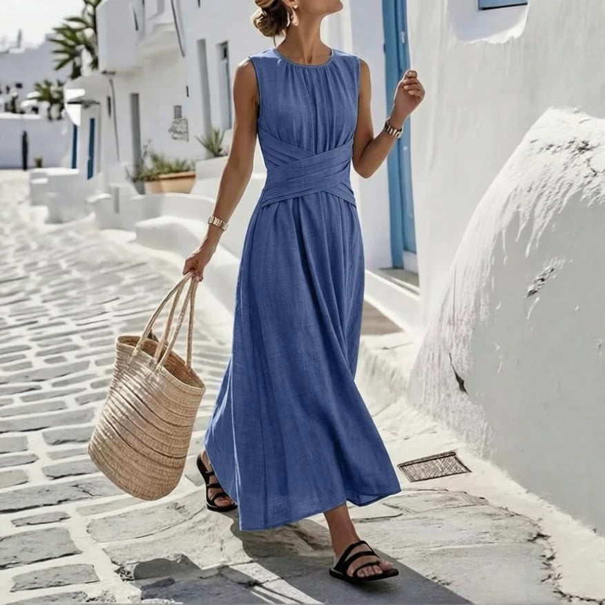 round-neck sleeveless waist-cinching long cotton and linen blend dress