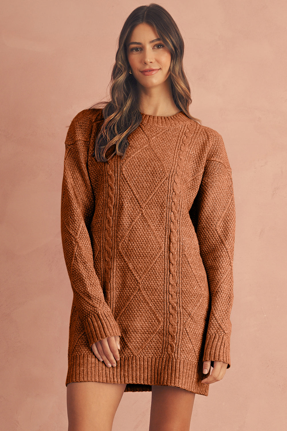 Burgundy Cable Knit Drop Shoulder Loose Fit Sweater Dress