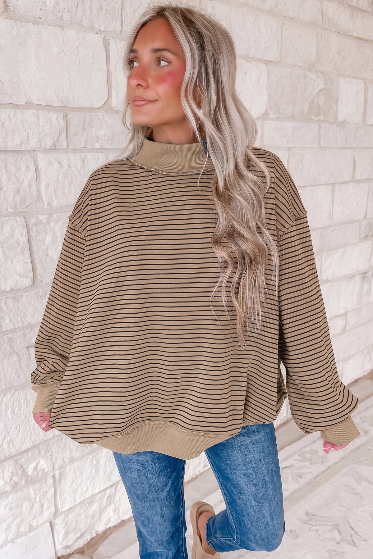 Green Stripe Ribbed Color Block Mock Neck Oversized Sweatshirt