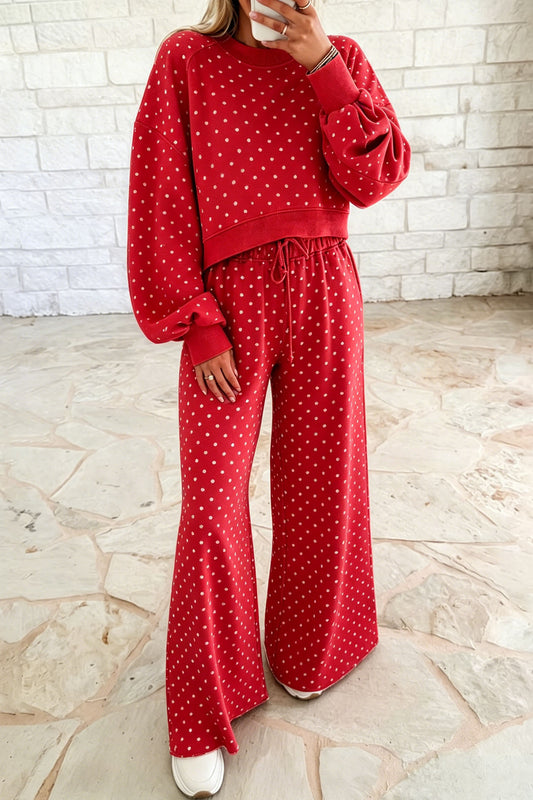 Red Polka Dot Drawstring Wide Leg Long Sleeve Top Pant Set