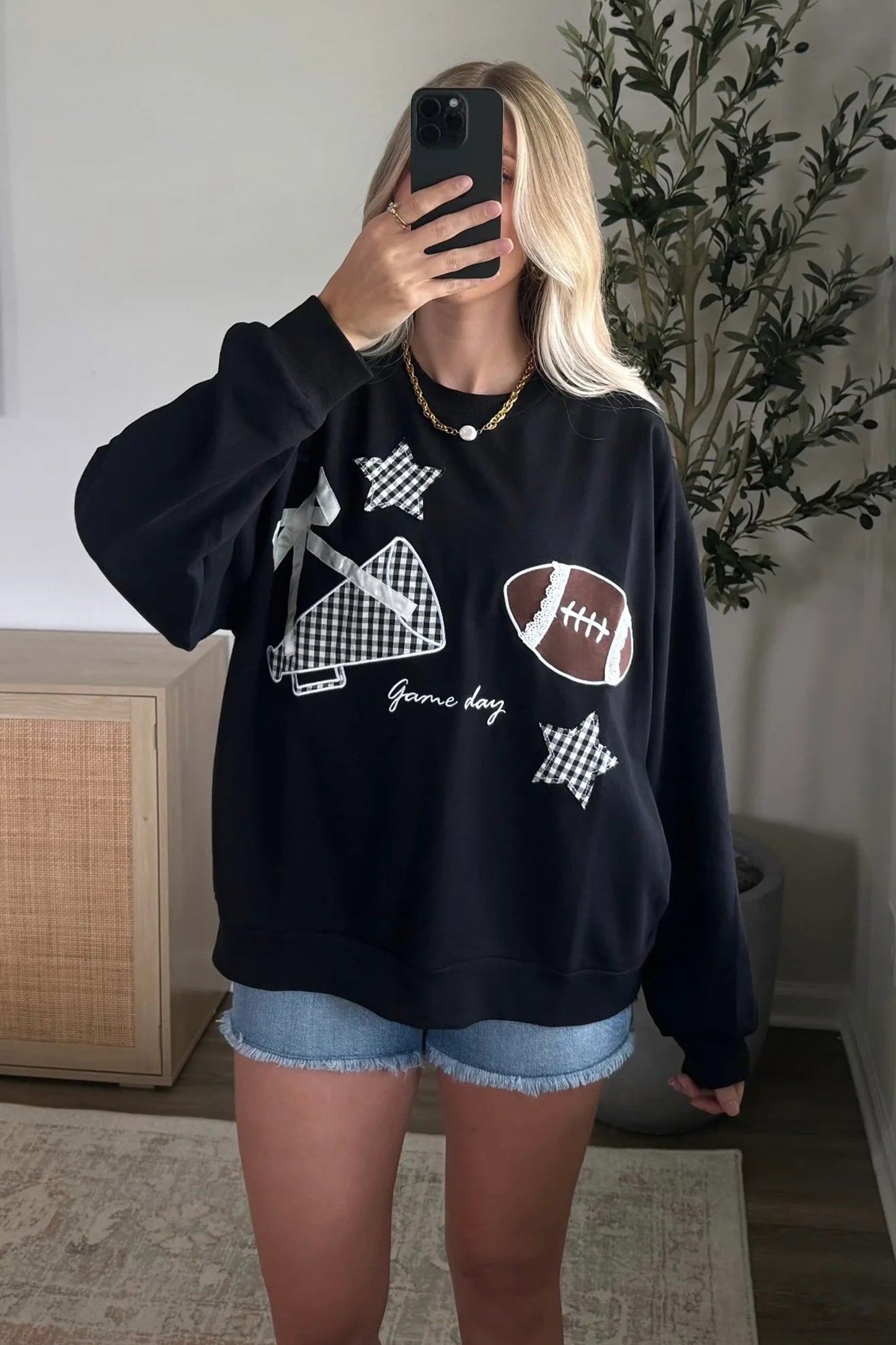 Black Gingham Patch Embroidered Rugby Game Day Stars Sweatshirt