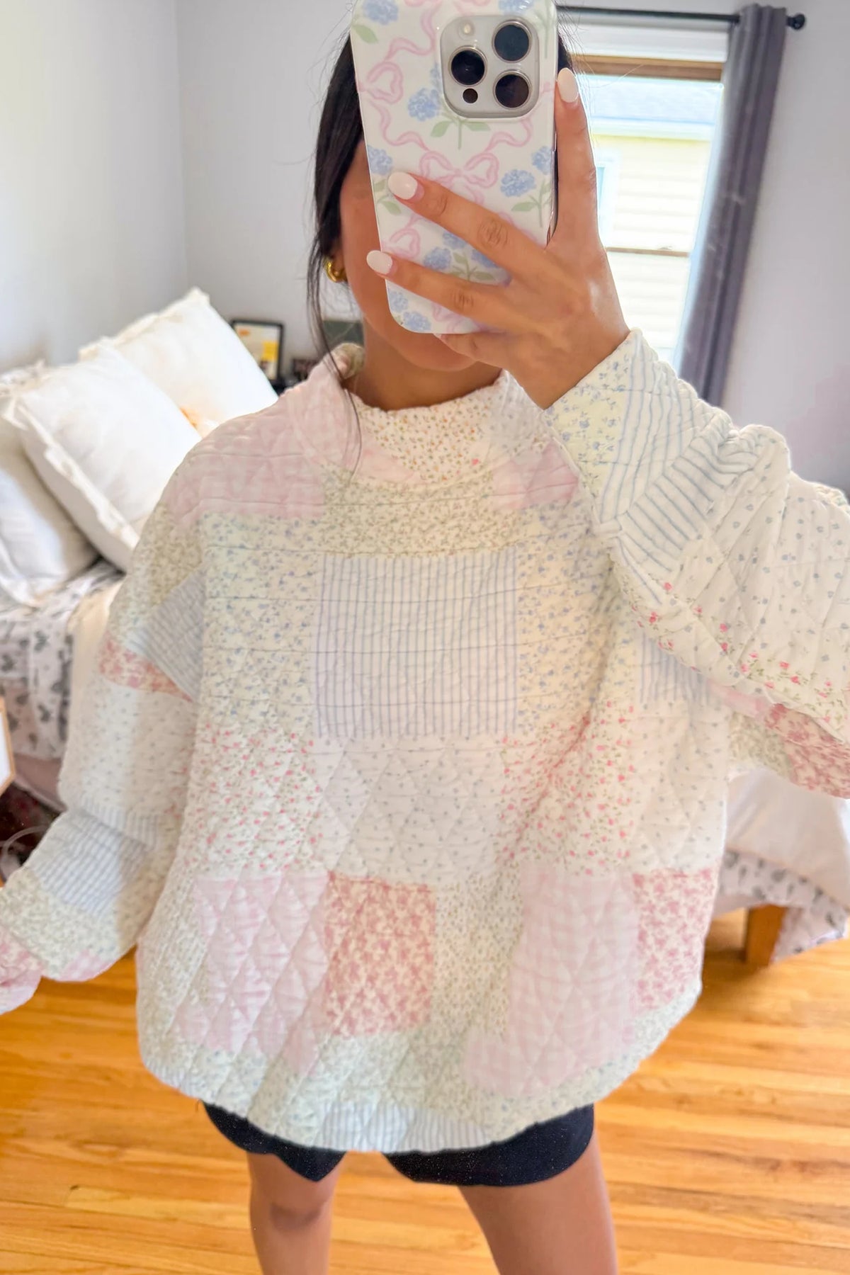 Multicolour Floral Patchwork Quilted Mock Neck Long Sleeve Top
