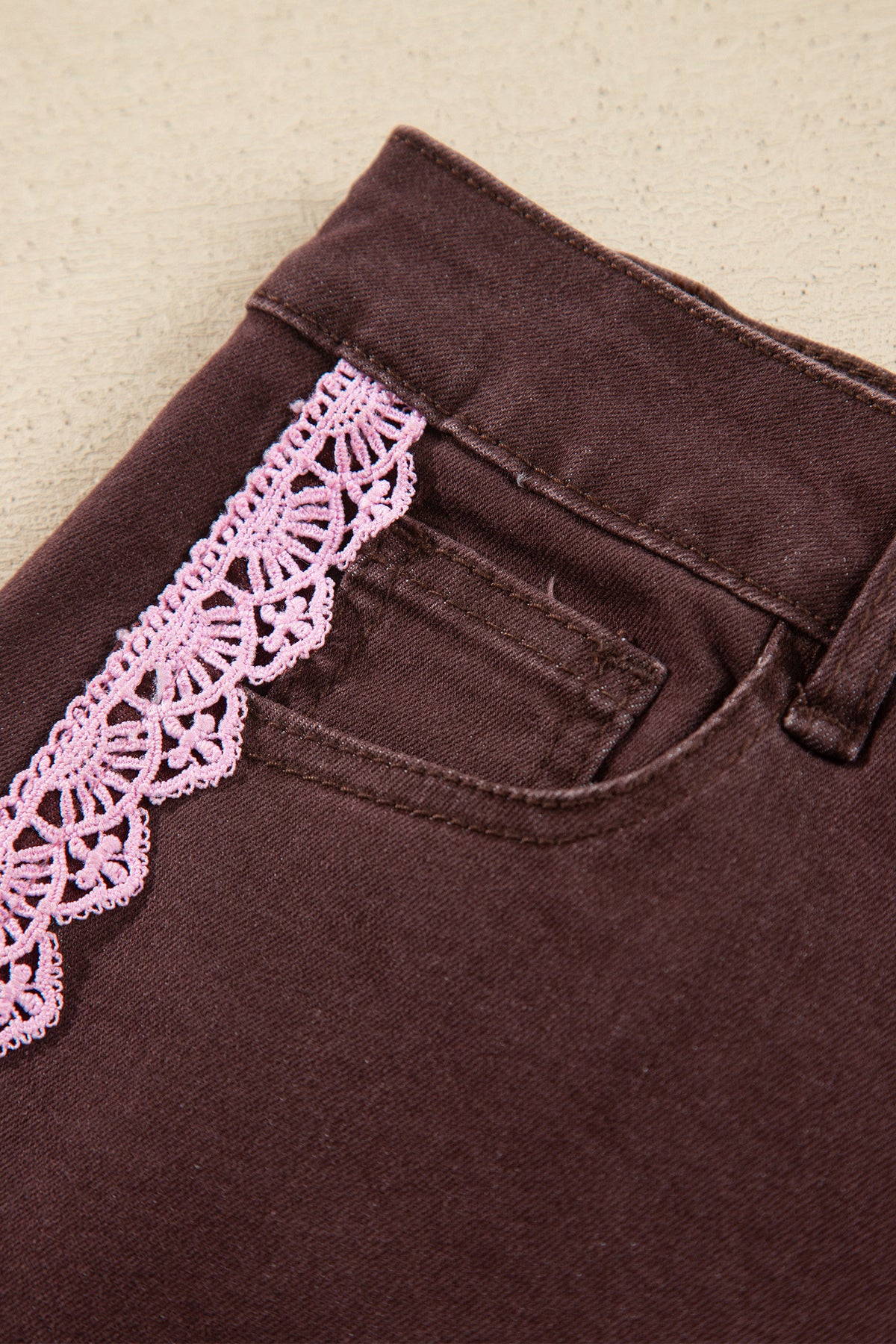 Coffee Lace Trim Casual Full-Length Regular Fit Jeans