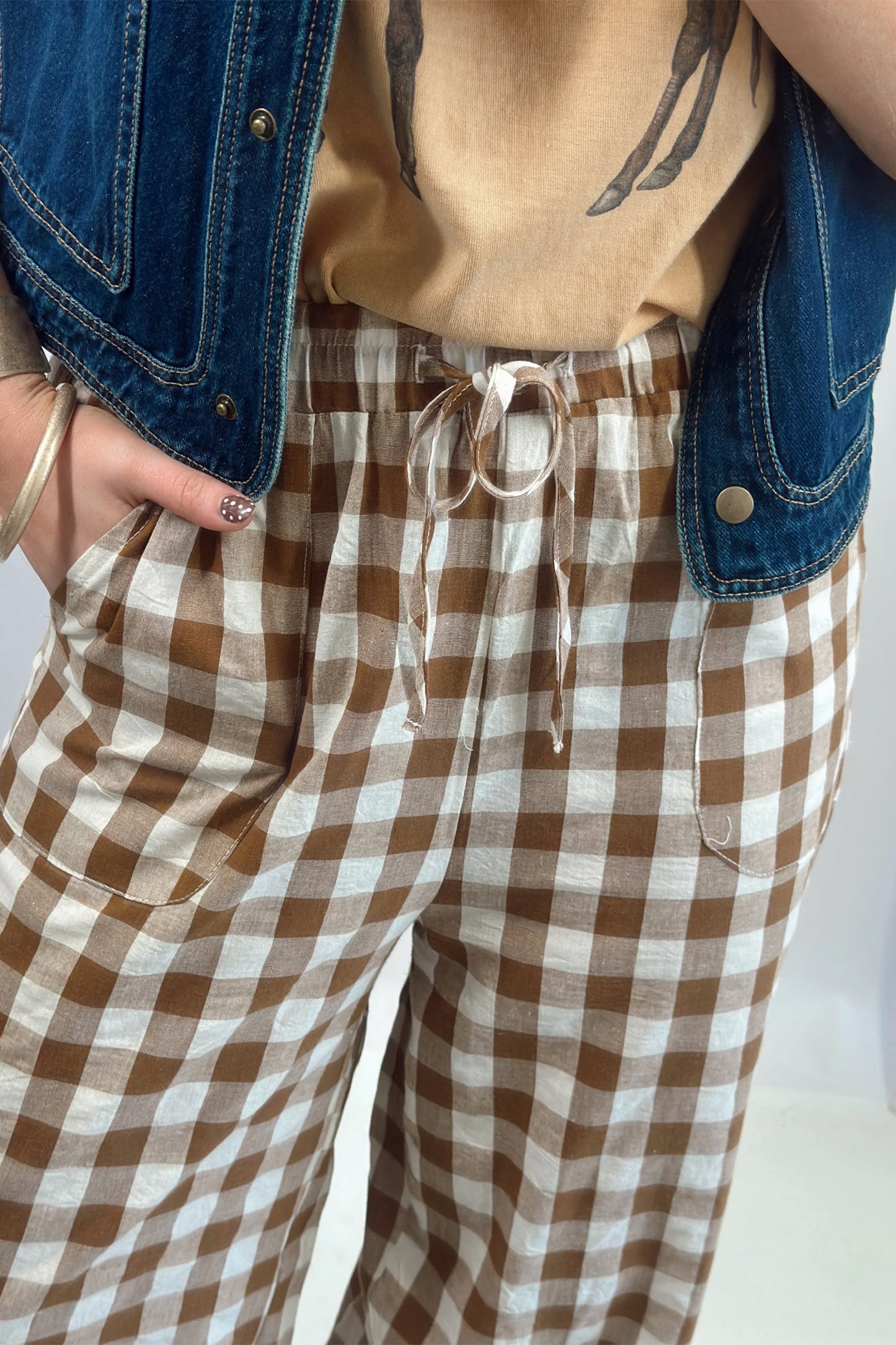 Brown Gingham Plaid Tie Elastic Waist Shift Pants