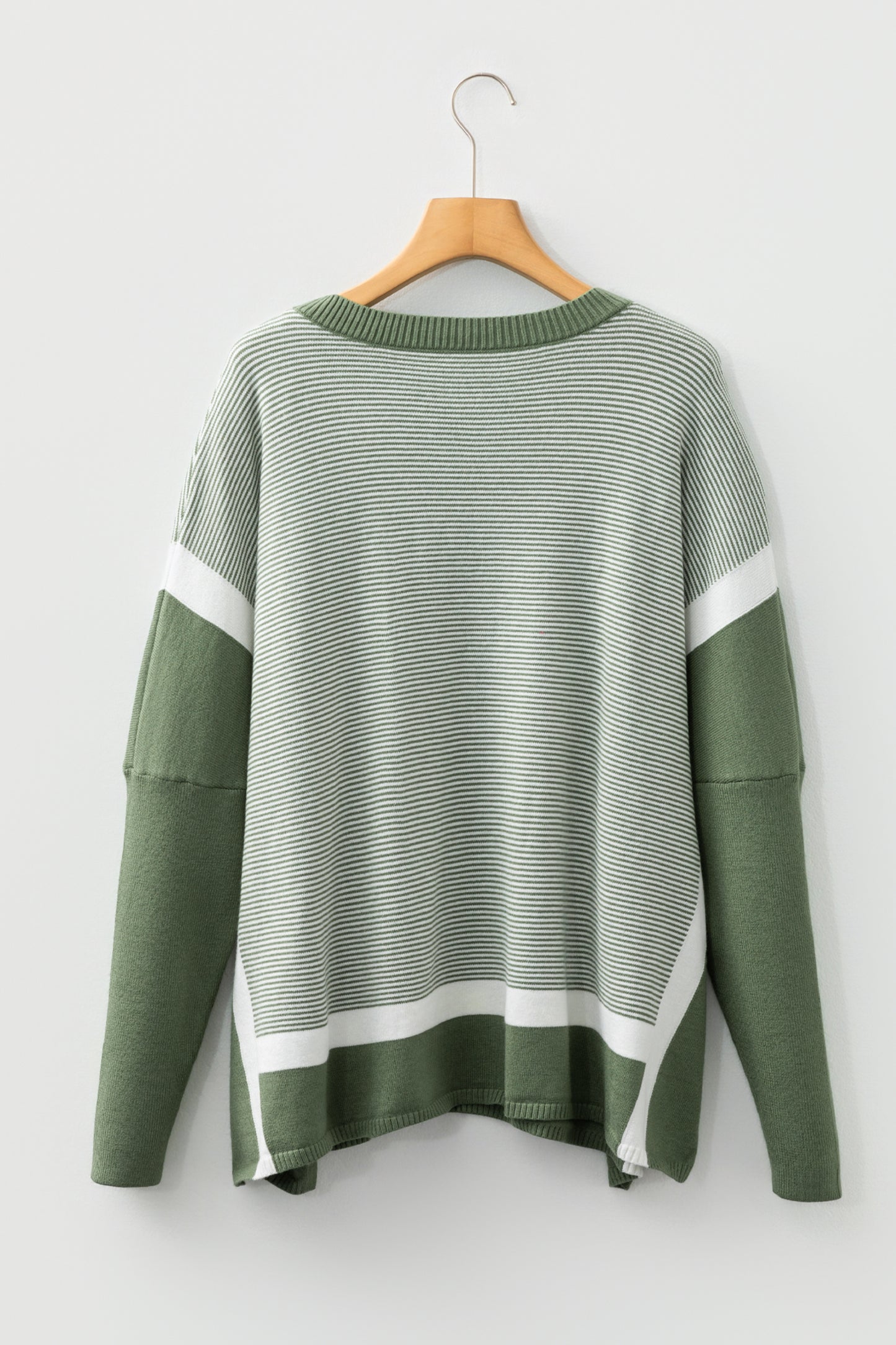 Green Stripe Color Block Patchwork Dolman Oversize Tunic Sweater