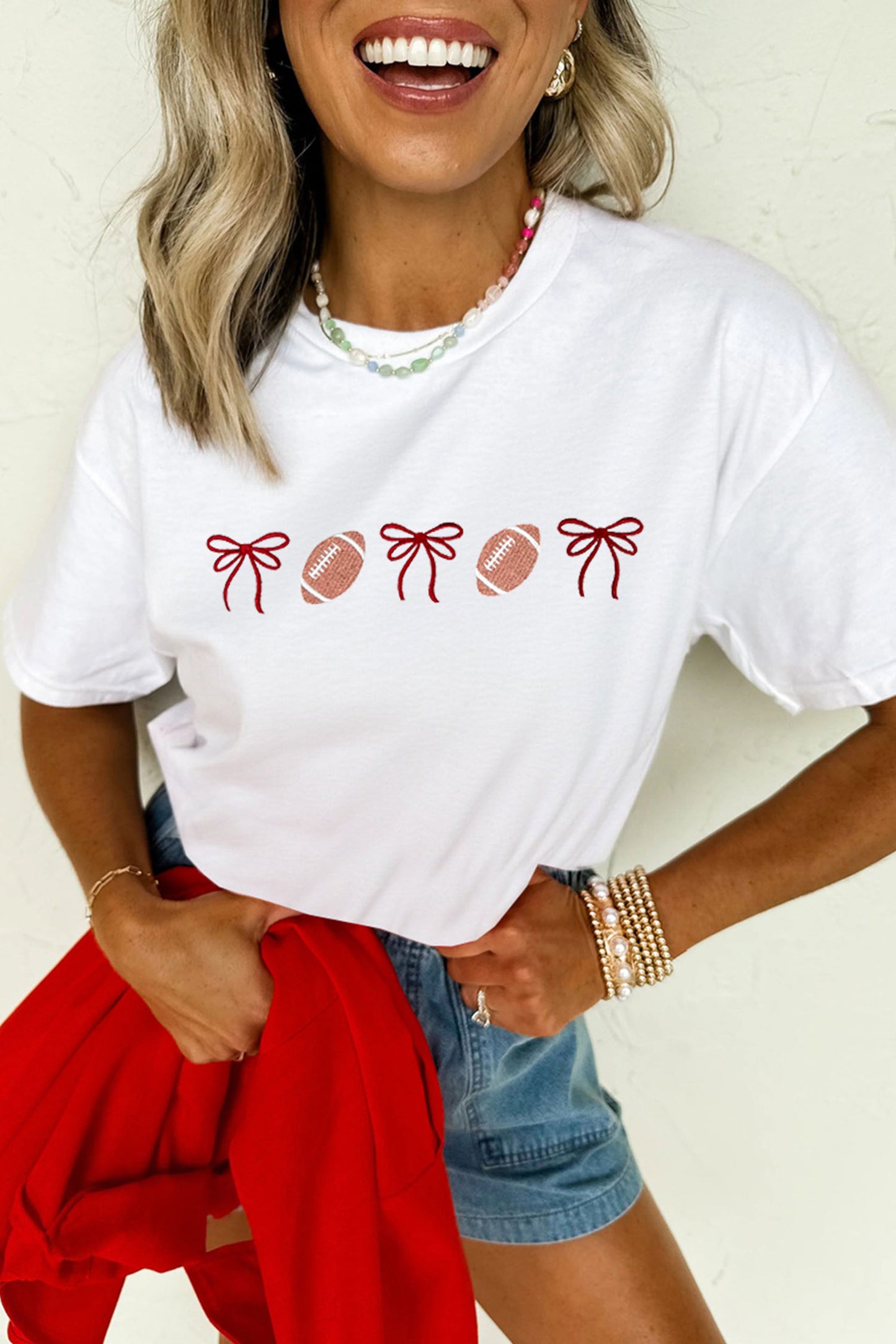White Embroidered Football Bows Casual Round Neck T Shirt