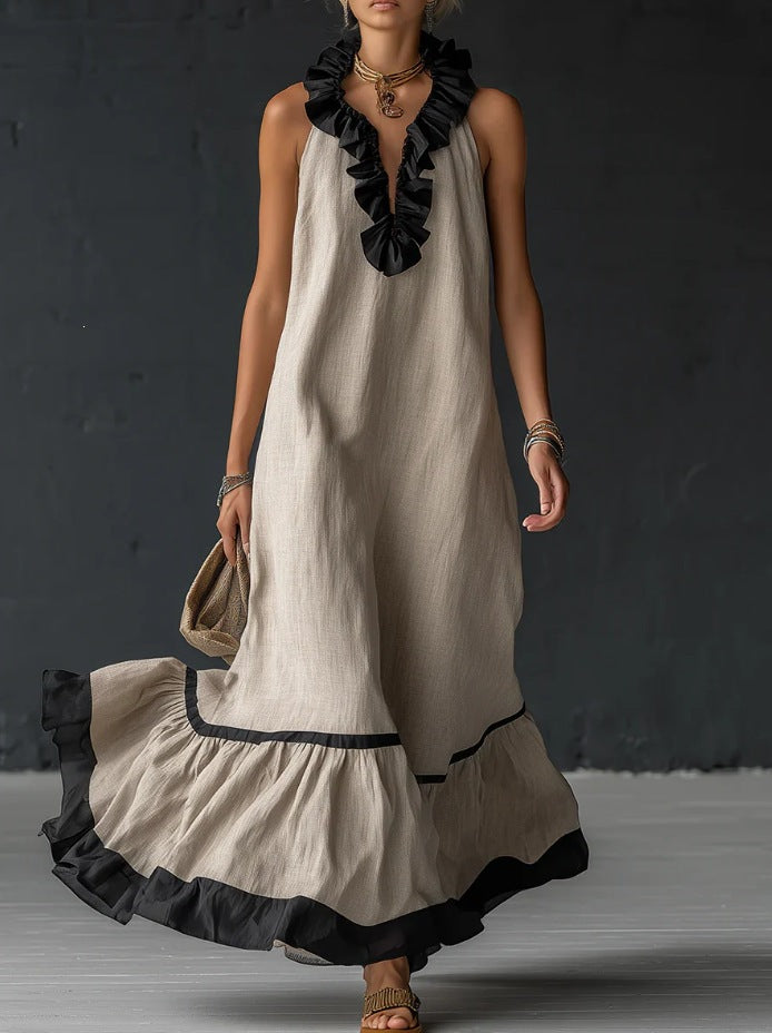 sleeveless V-neck loose ruffled long dress