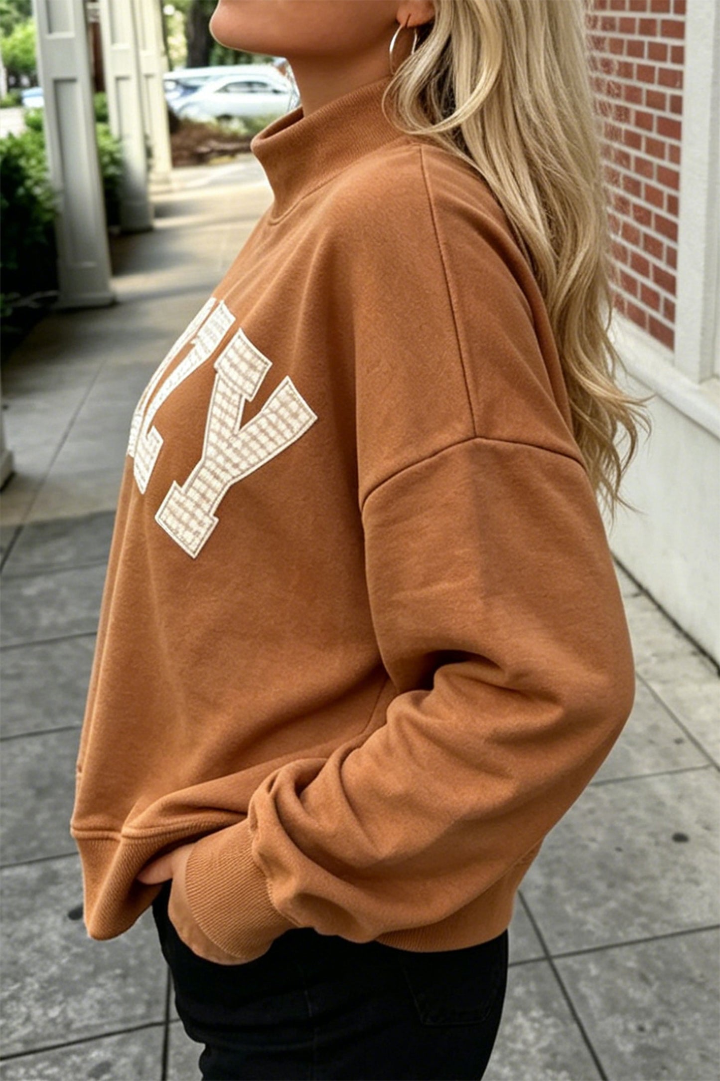 Chestnut Stay Salty Embroidered Long Sleeve Stand Neck Shift Pullover Sweatshirt
