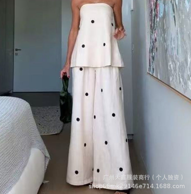 Women's style casual polka dot strapless tank top + high-waisted wide-leg pants