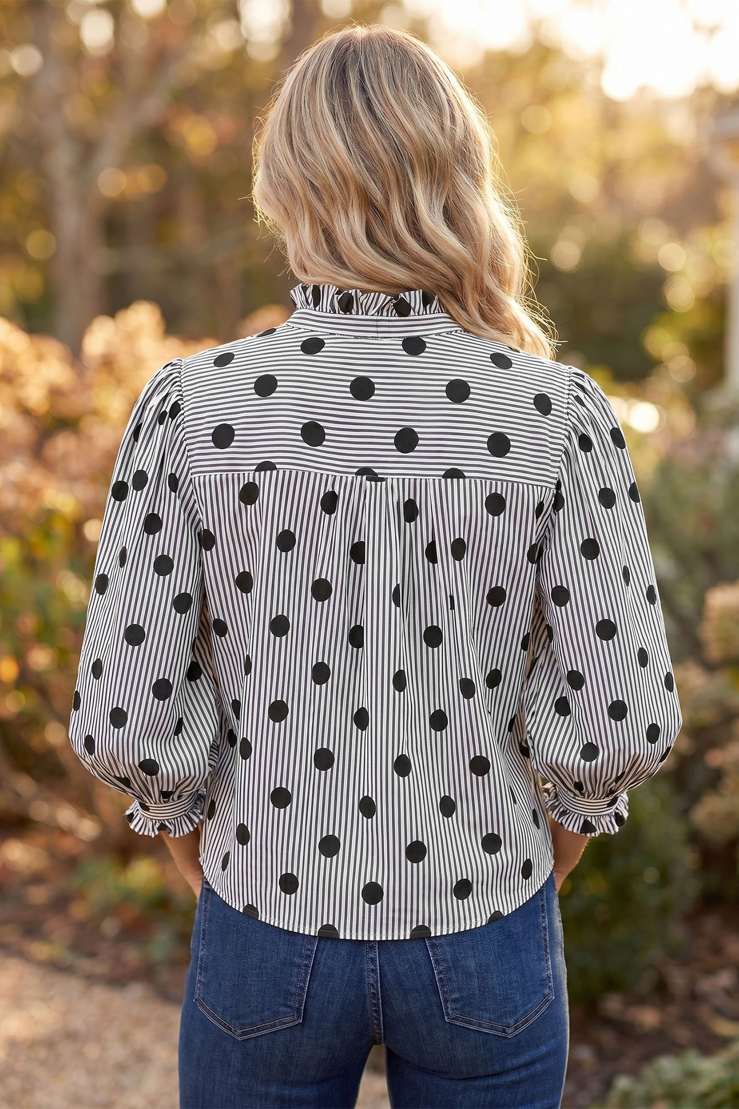 Black white Polka Dot Striped Print Ruffle Stand Neck 3/4 Sleeve Shift Shirt
