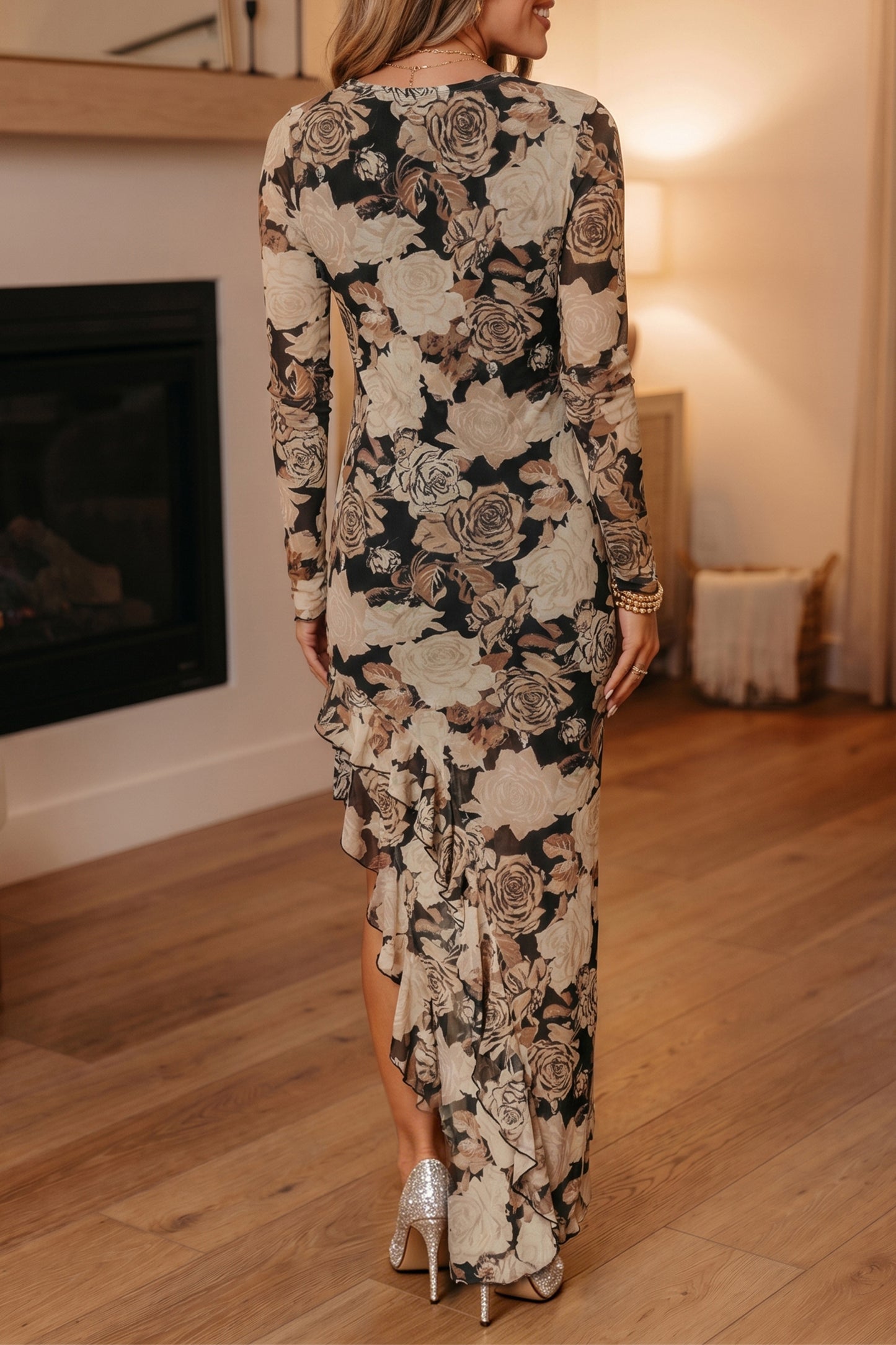 Black Wild Rose Mesh Asymmetrical Maxi Dress