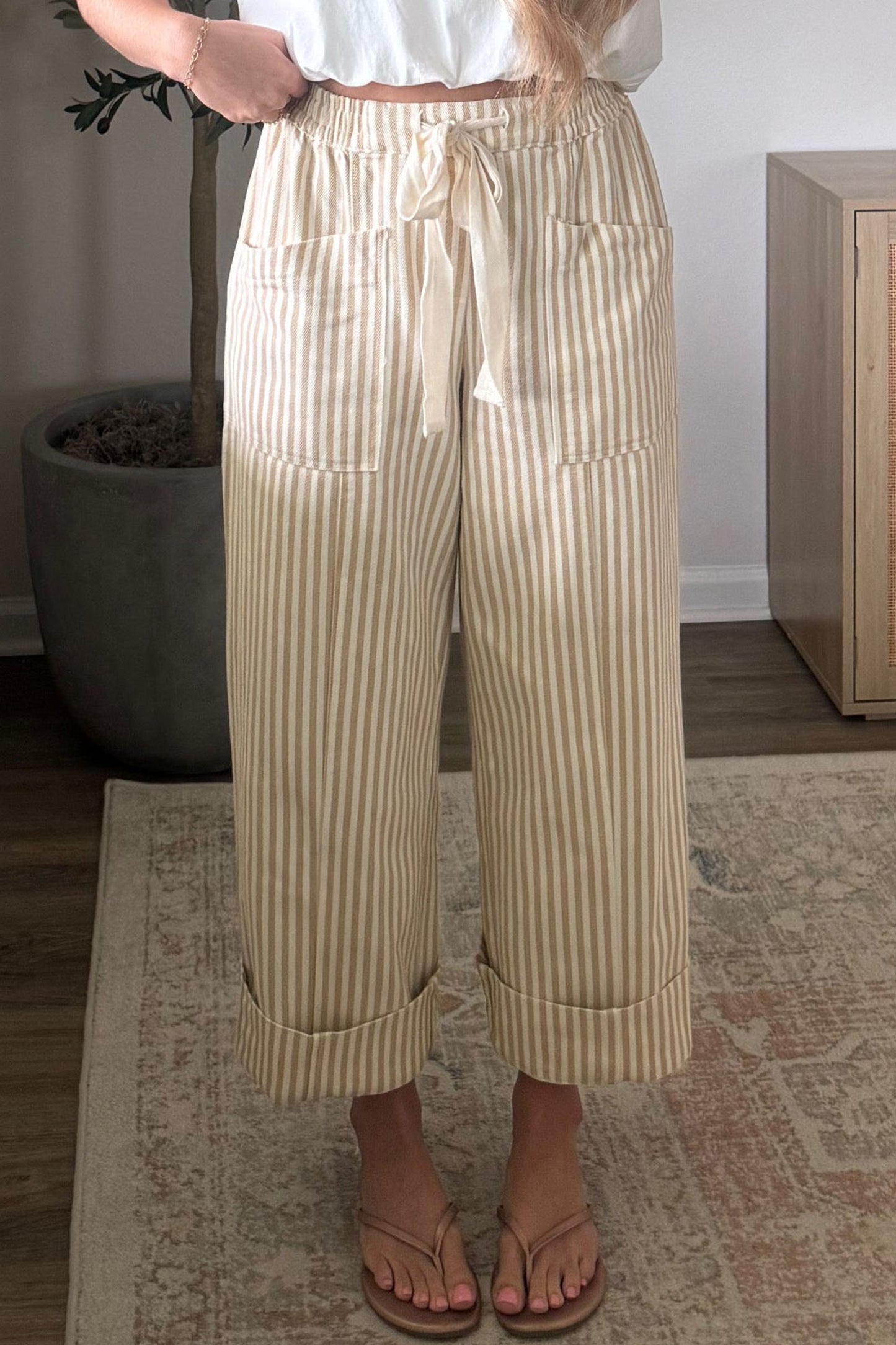 Apricot Stripe Ribbon Drawstring Waist Full-Length Shift Pant