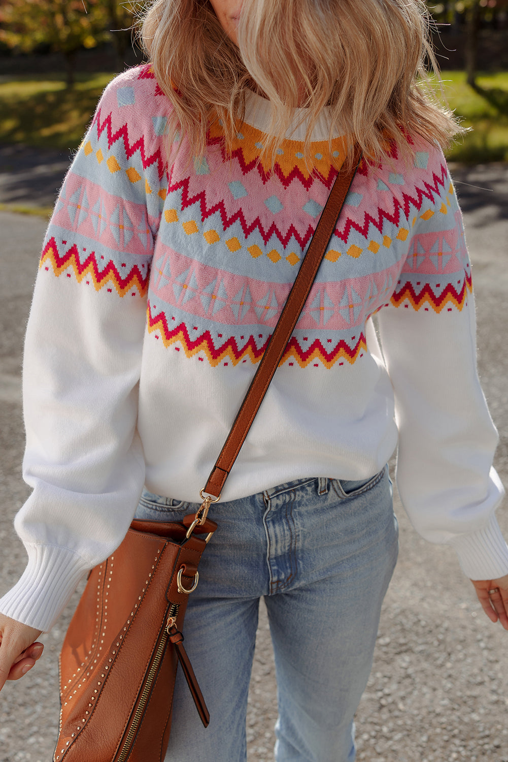 White fair isle Print Drop Shoulder Sweater