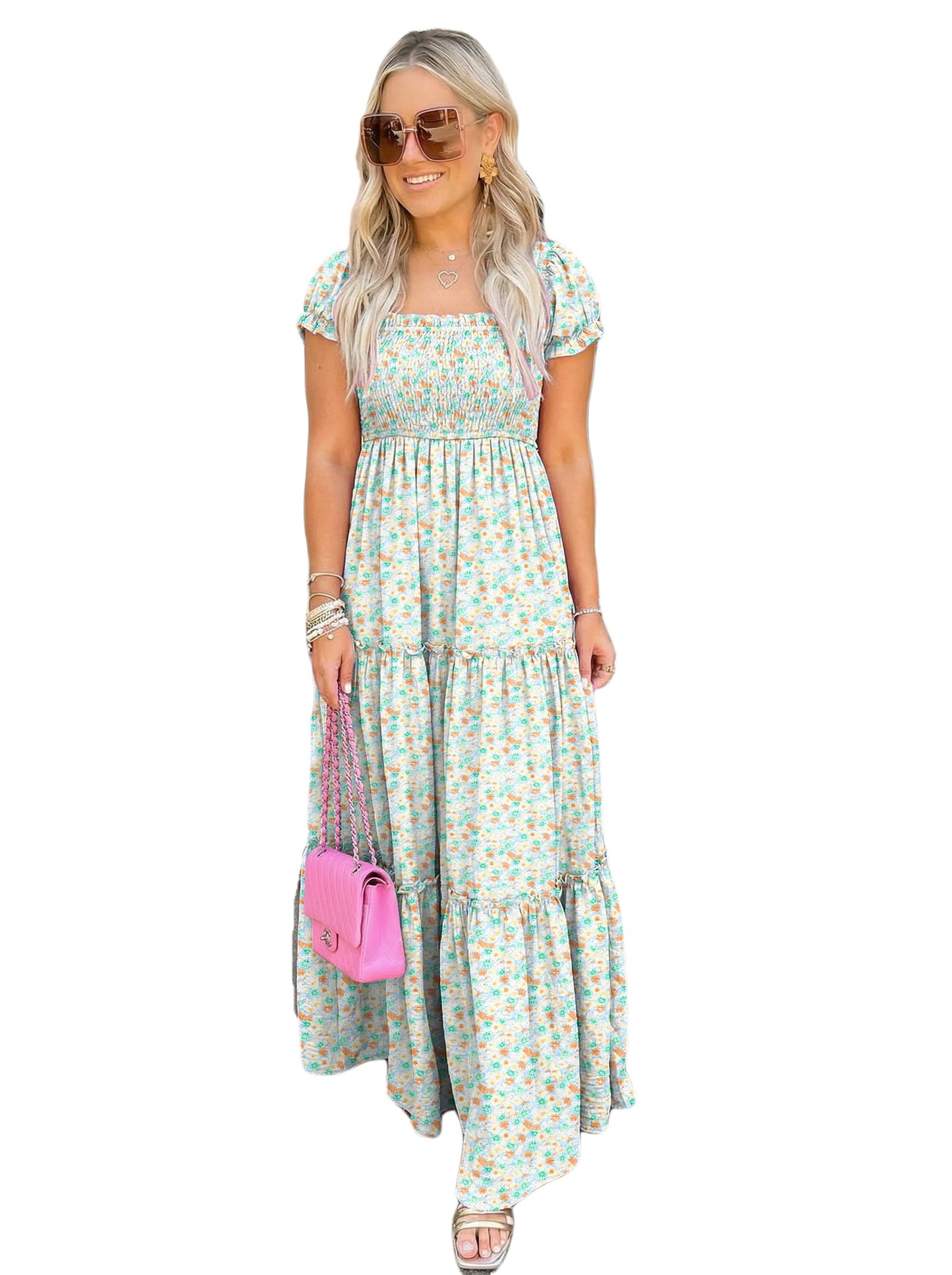 Green Floral Short Bubble Sleeve Shirred High Waist Maxi Dress