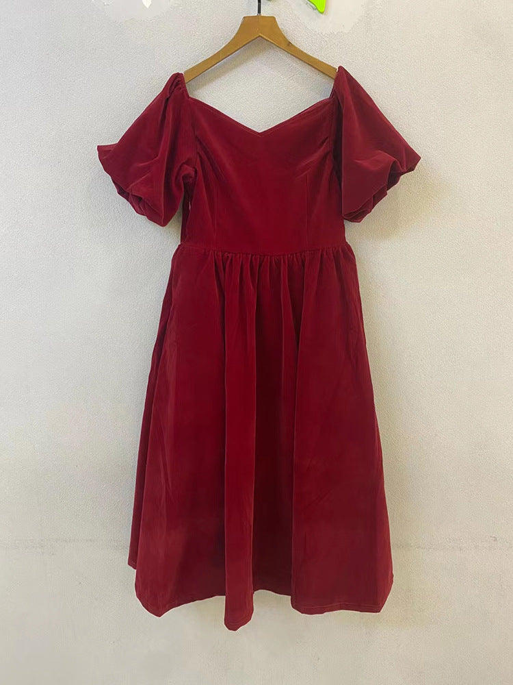 V-neck puffy sleeve thin velvet dress