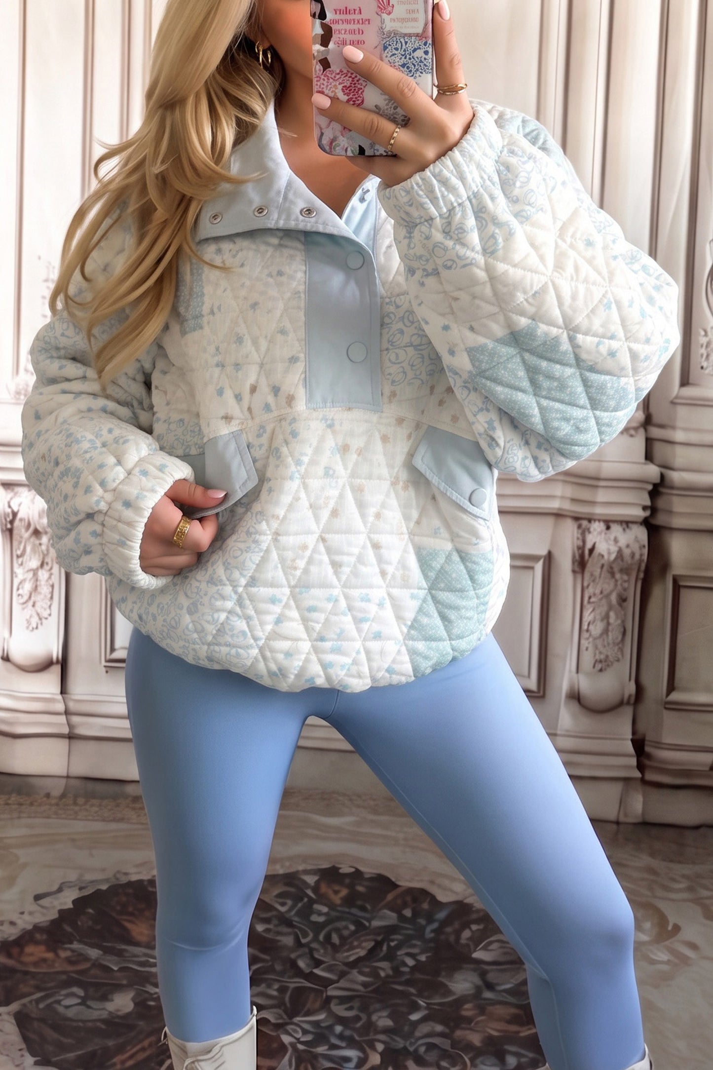 Multicolour Floral Quilted Half Button Pocketed Pullover Sweatshirt
