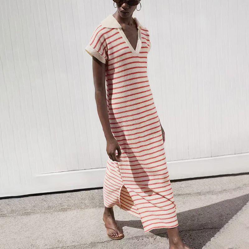 Women's knitted long dress, loose lapel, short-sleeved, V-neck striped dress