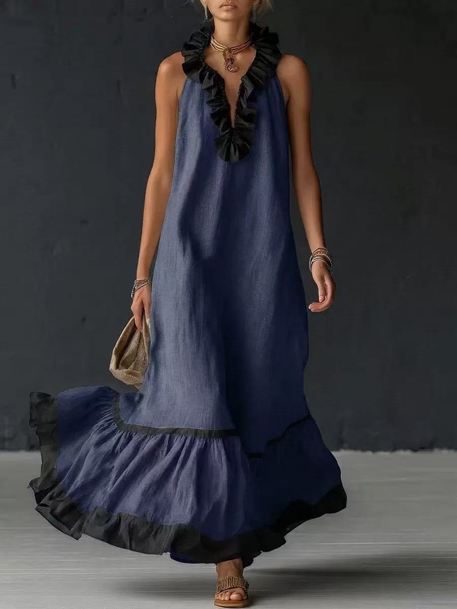 sleeveless V-neck loose ruffled long dress