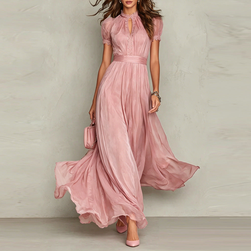 cinched waist and ruffled edges dress with keyhole neckline