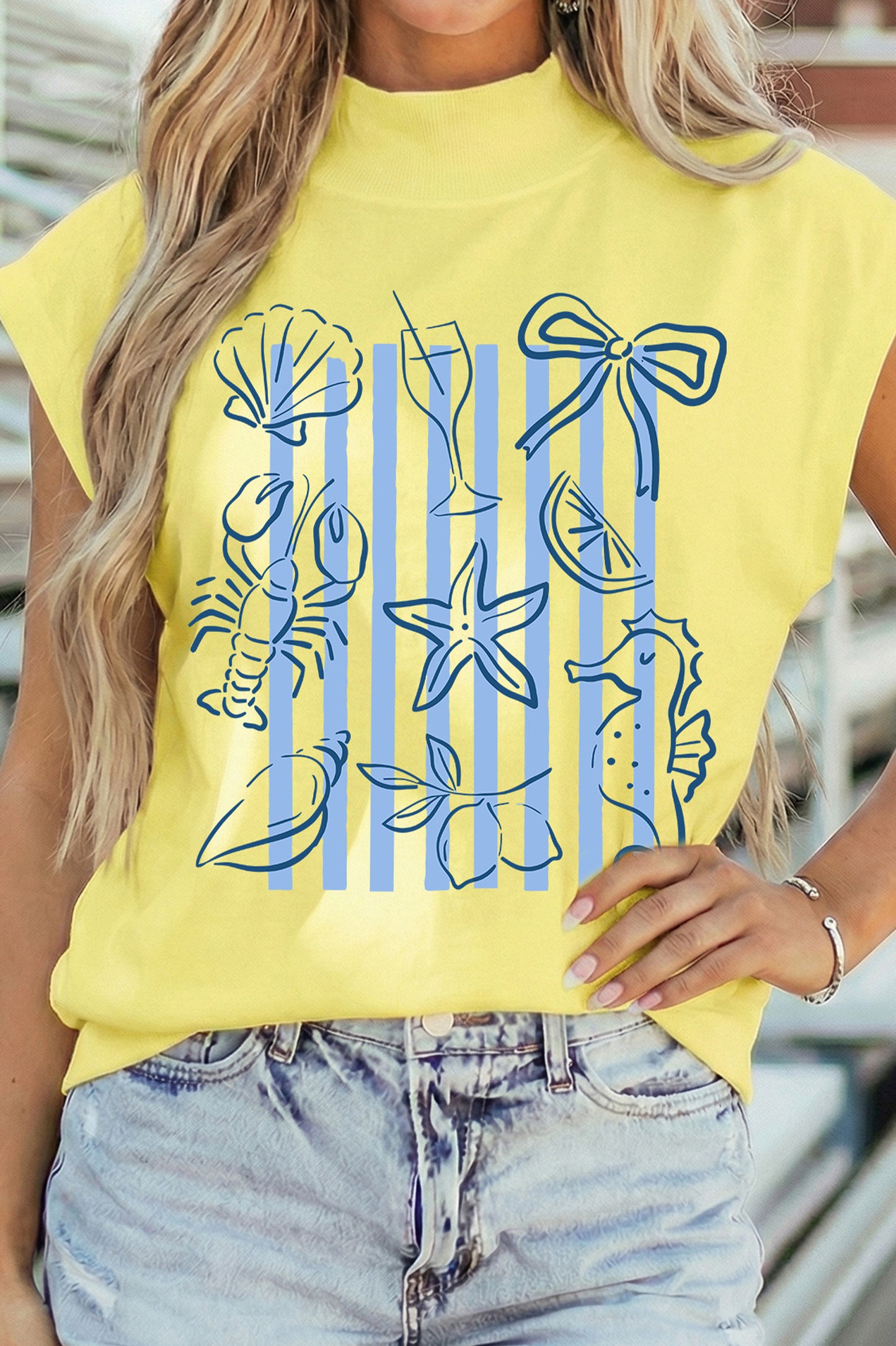 Yellow Seashell Coquette Striped Print High Neck Top