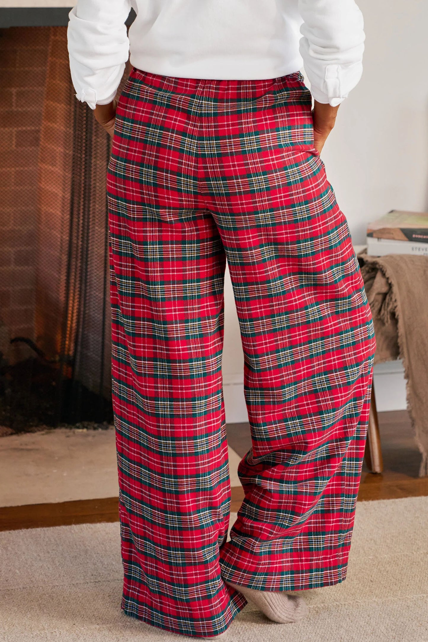 Red Casual Plaid Tie Waist Casual Wide Leg Pants