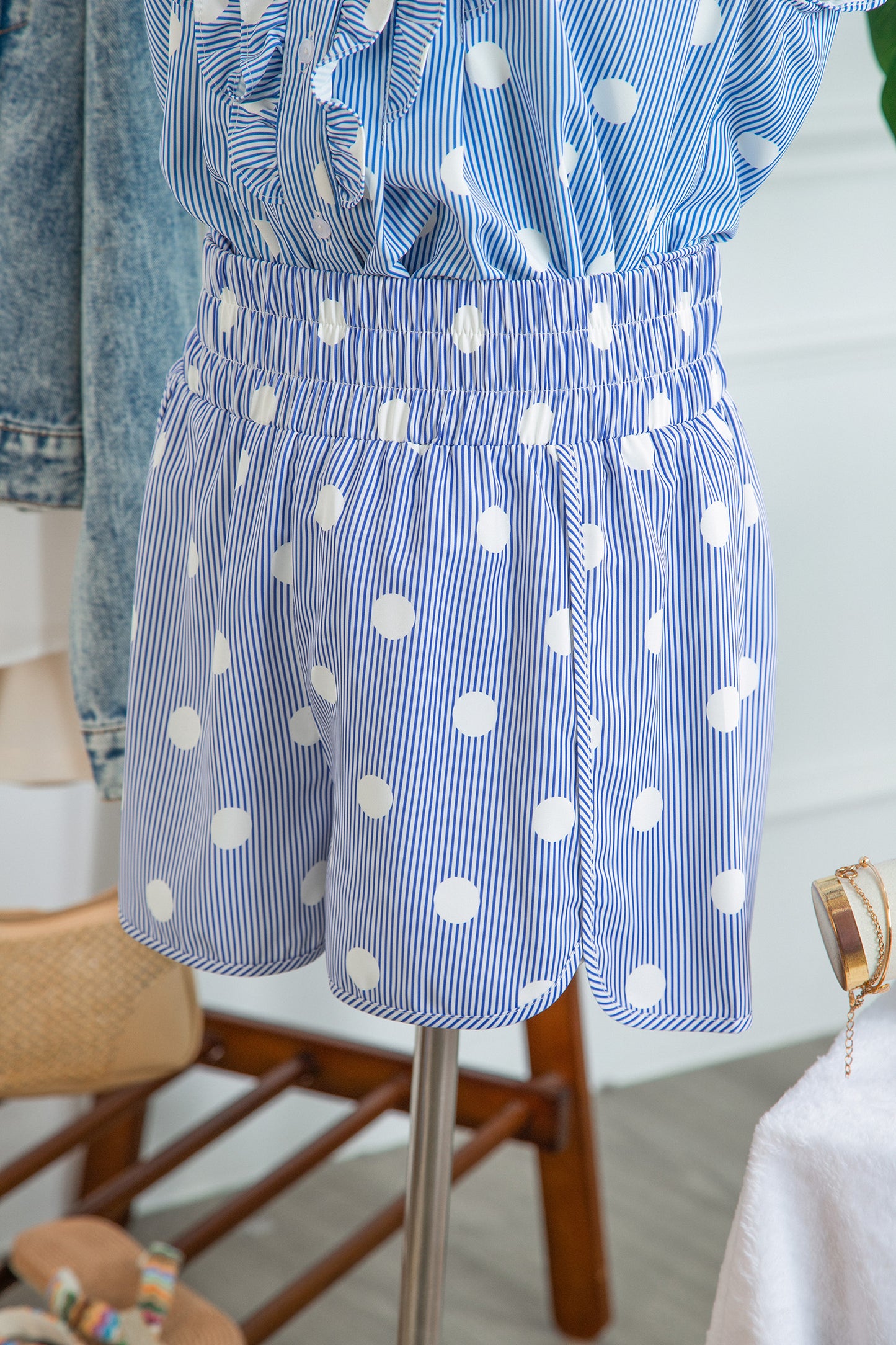 Apricot Polka Dot Print Shirred High Waist Casual Shorts