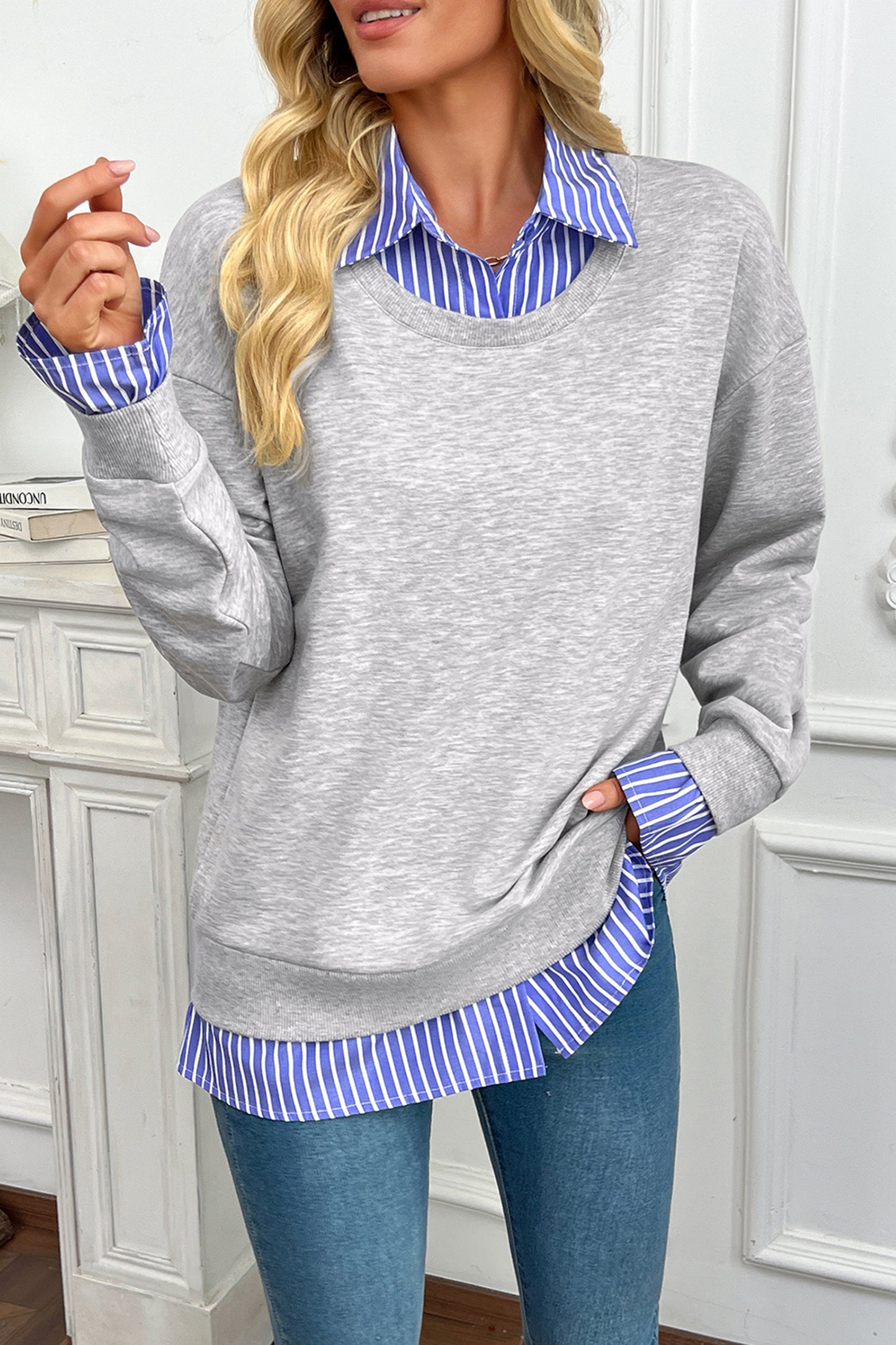 Light Grey Striped Collar Faux Two Piece Patchwork Casual Loose Sweatshirt