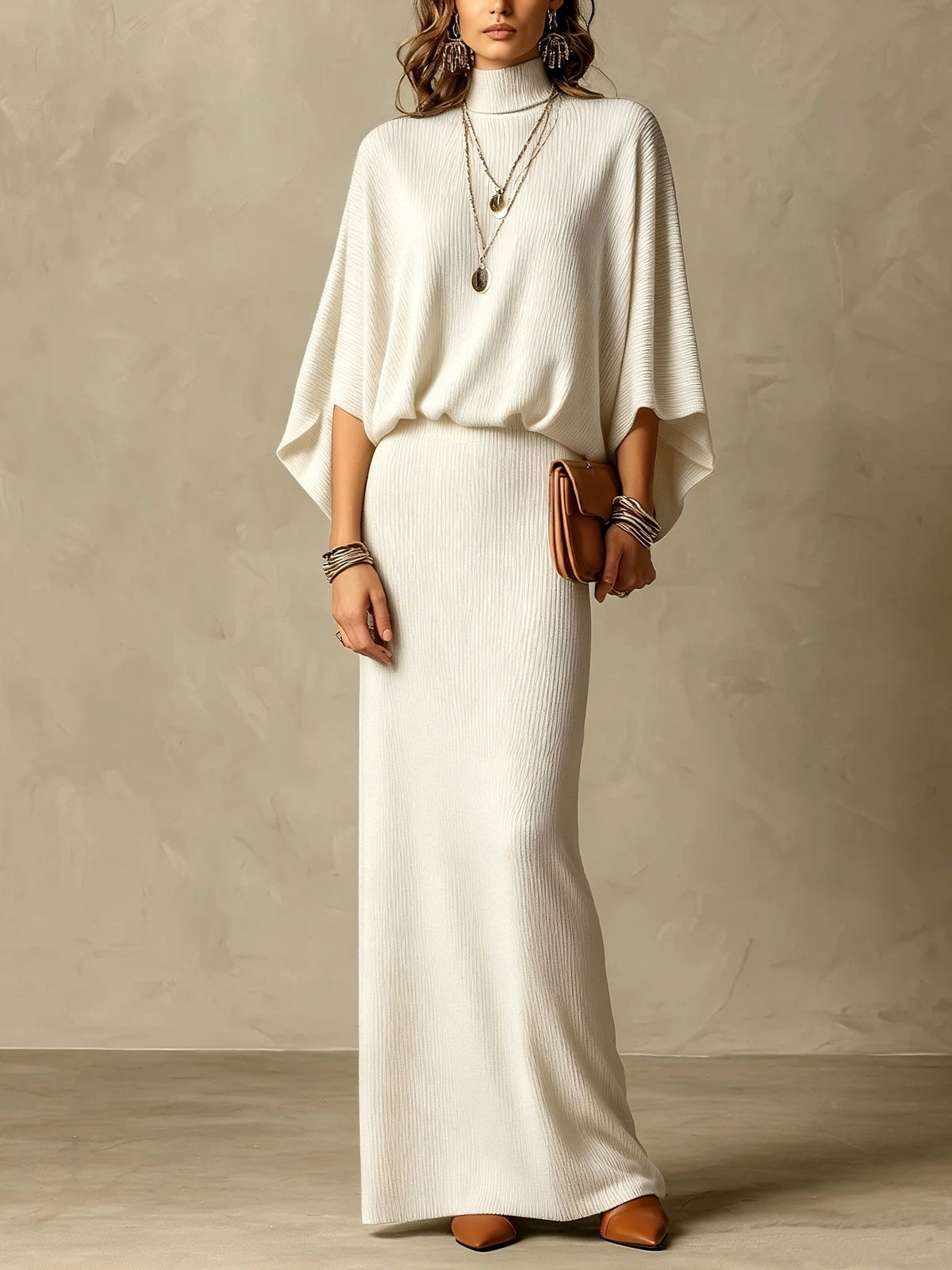 Solid-color bat wing jacket and form-fitting two-piece set