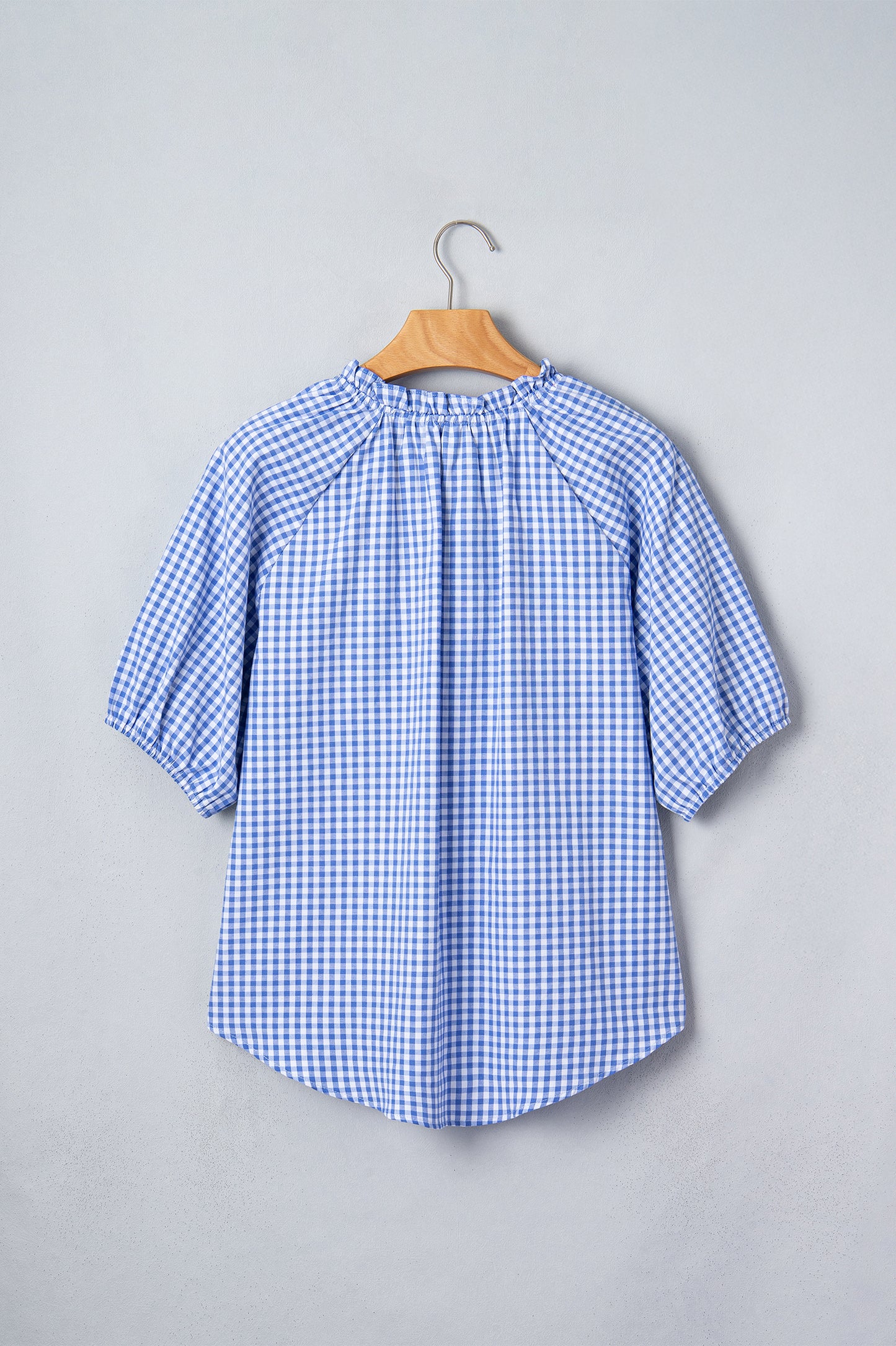 Sky Blue Summer Plaid V Neck Puff Sleeve Blouse