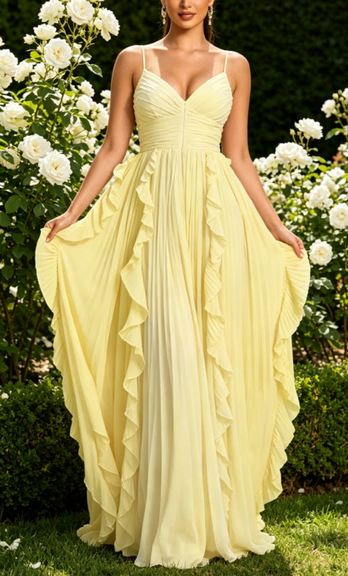 backless pleated chiffon long dress with ruffles