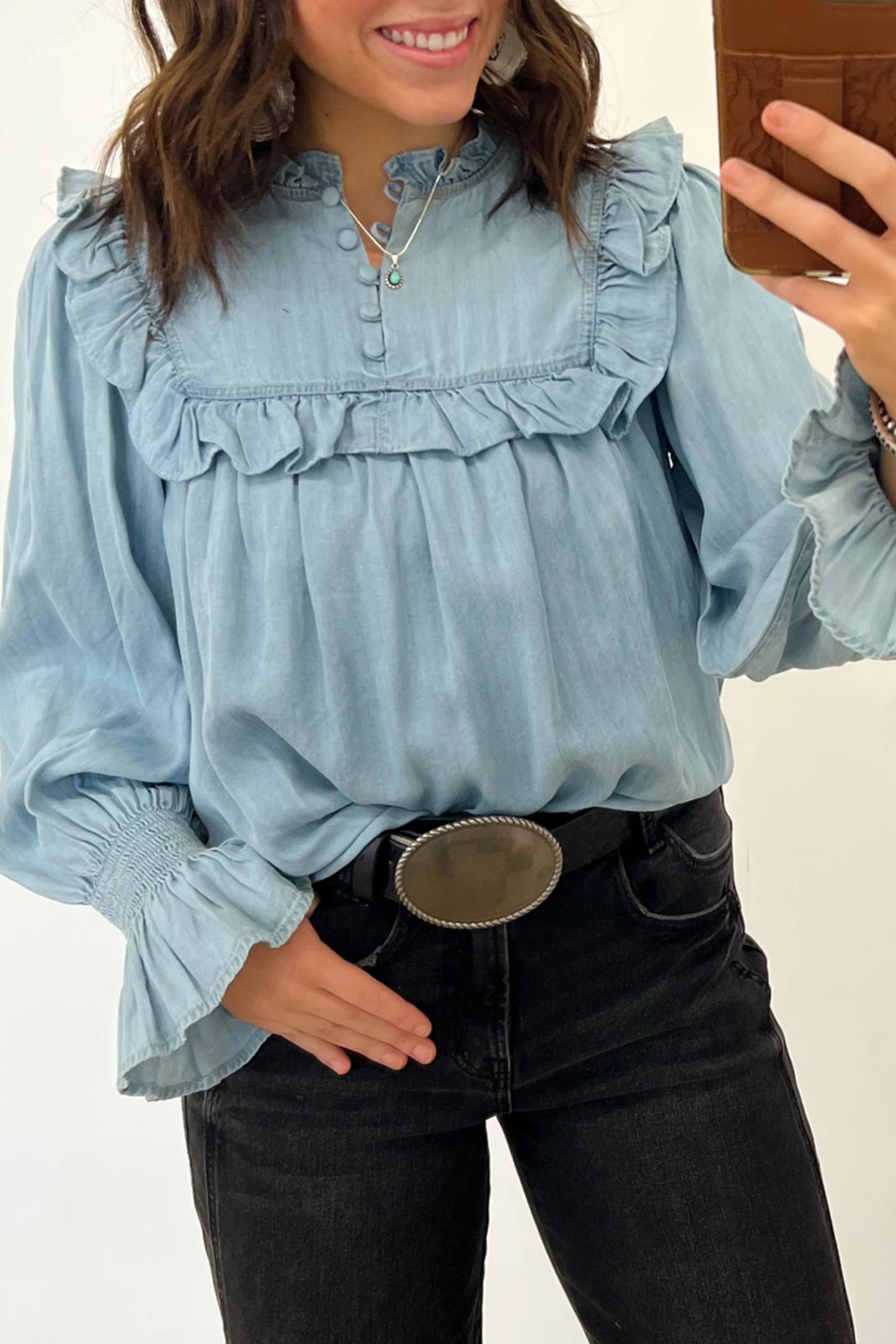 Beau Blue Western Ruffle V Neck Long Sleeve Chambray Blouse