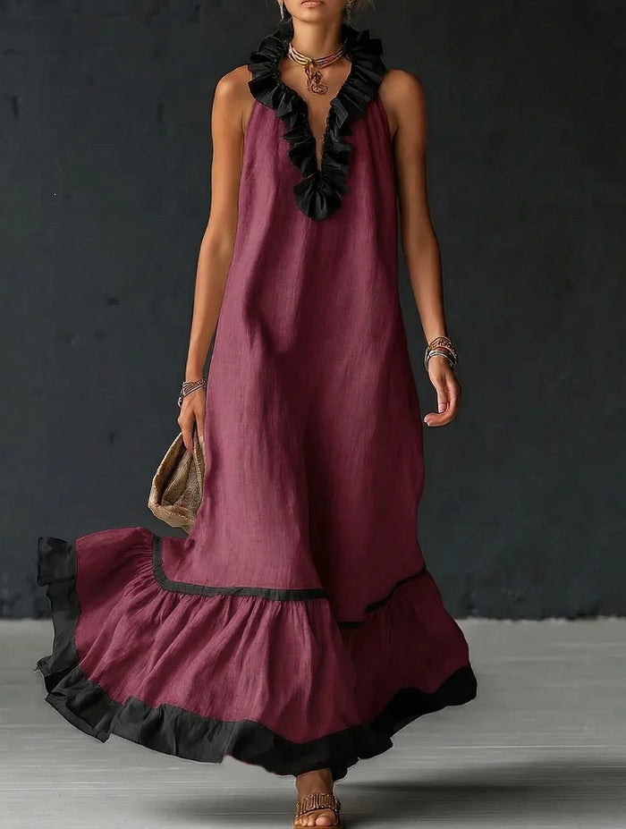 sleeveless V-neck loose ruffled long dress