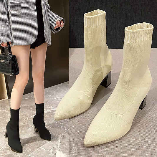 thick-heeled sock boots, pointed-toe elastic boots