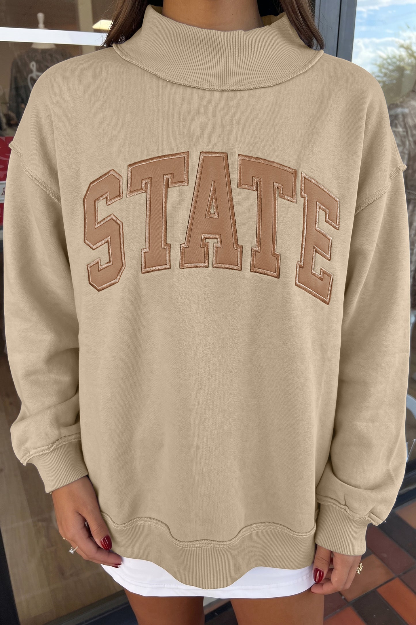 Light Grey Exposed Seam Mock Neck STATE Letter Graphic Loose Sweatshirt