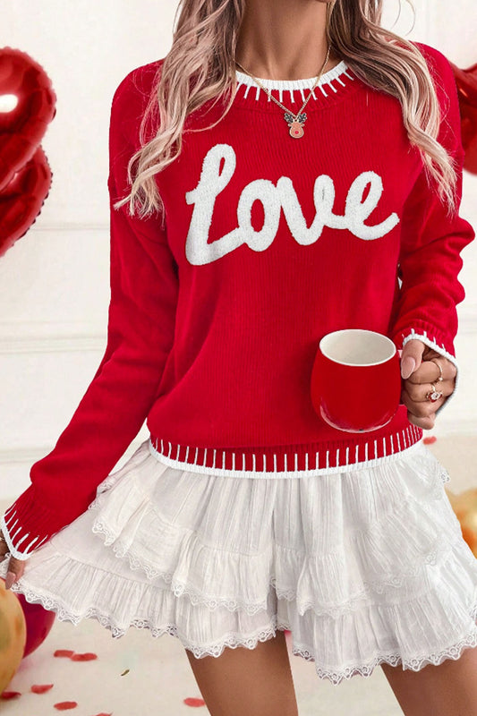 Fiery Red Valentine Love Chenille Letter Graphic Sweater