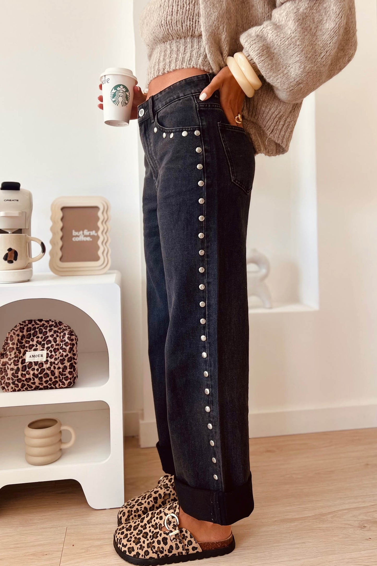 Black Studded Detail Straight Leg Casual Loose Jeans