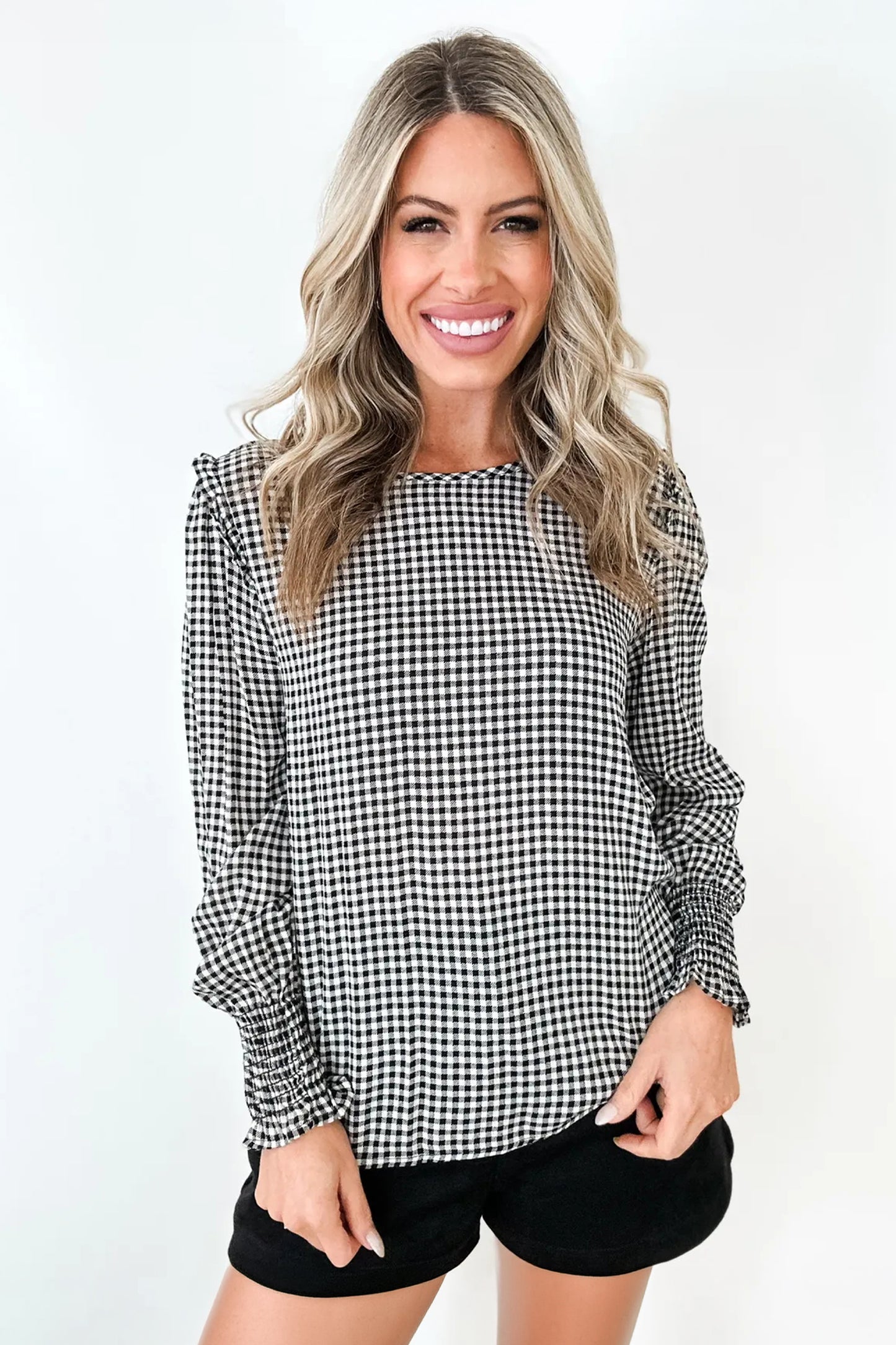 Black Plaid Long Sleeve Top Shirred Cuffs Ruffle Neckline Casual Shift Pullover