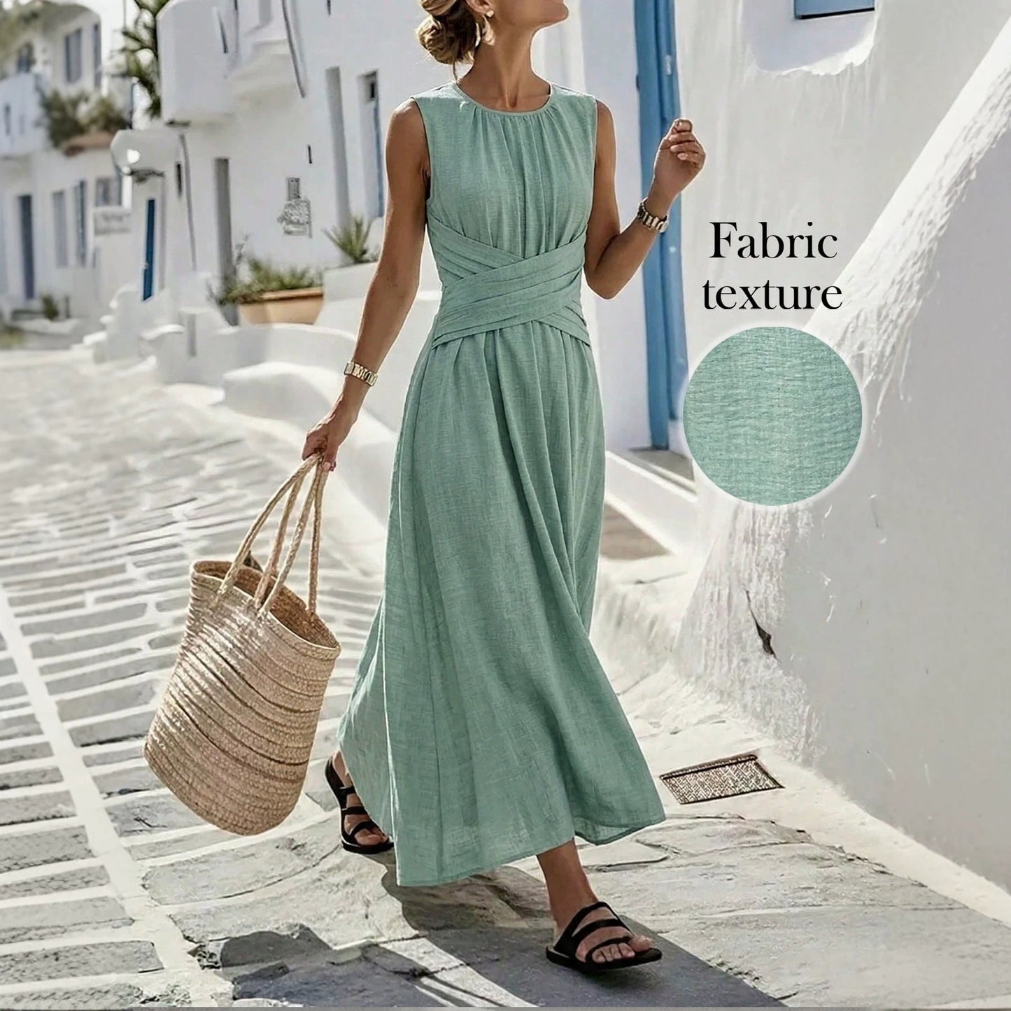 sleeveless waist-cinching long dress