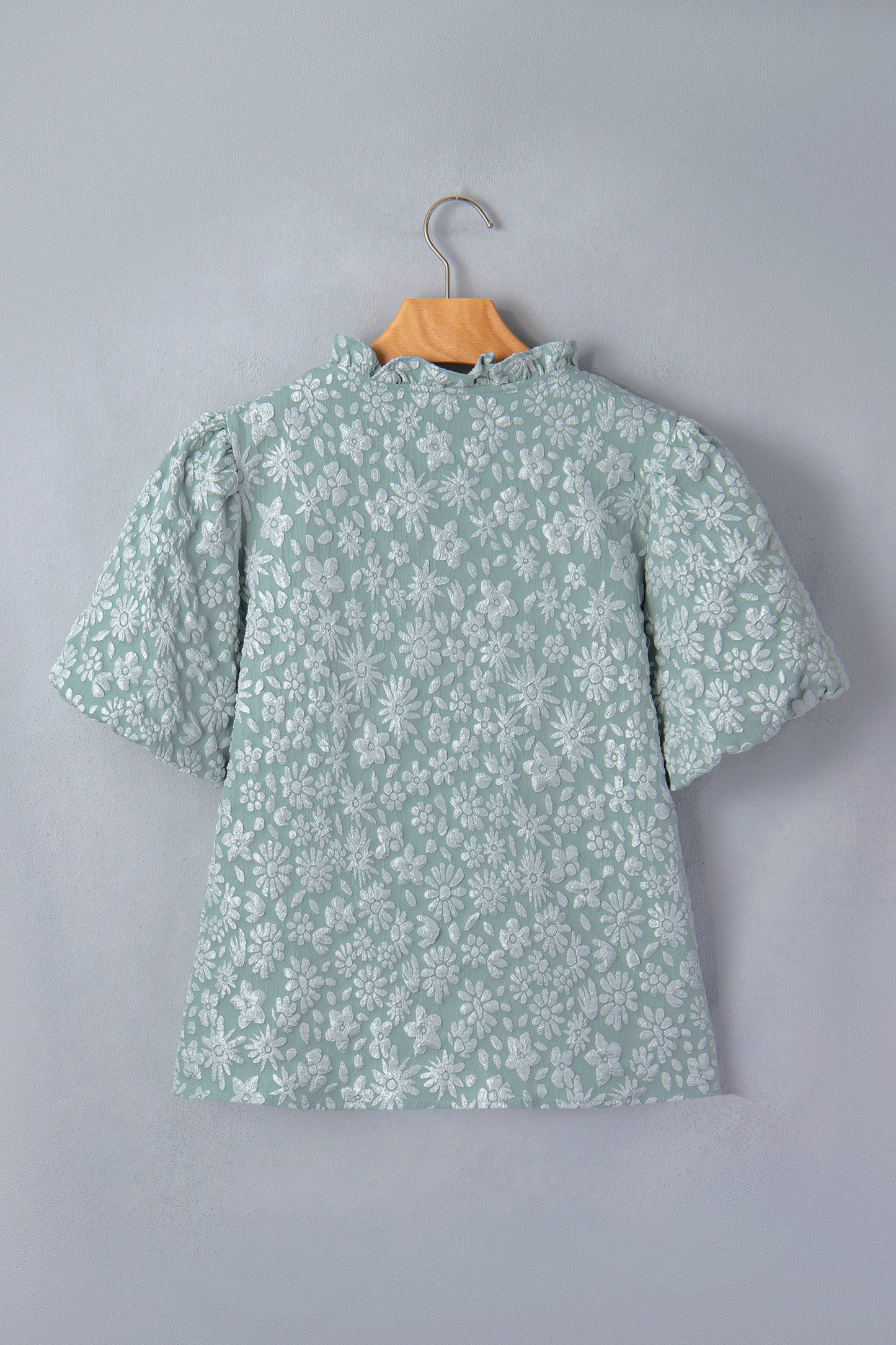 Beige Floral Textured Jacquard Puff Sleeve Blouse