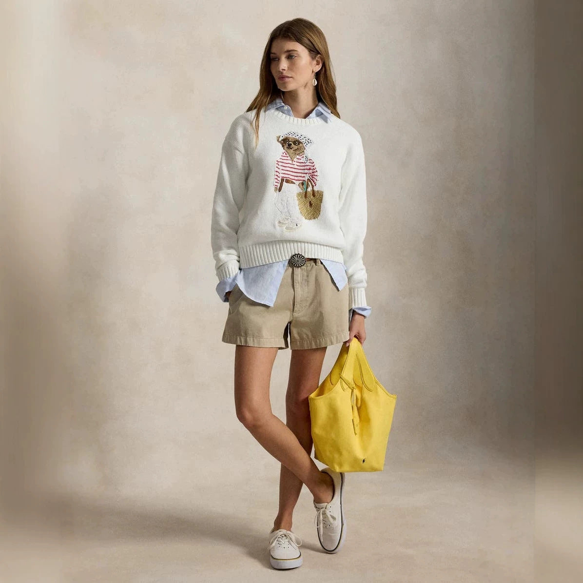loose white, crew-neck americana sweater
