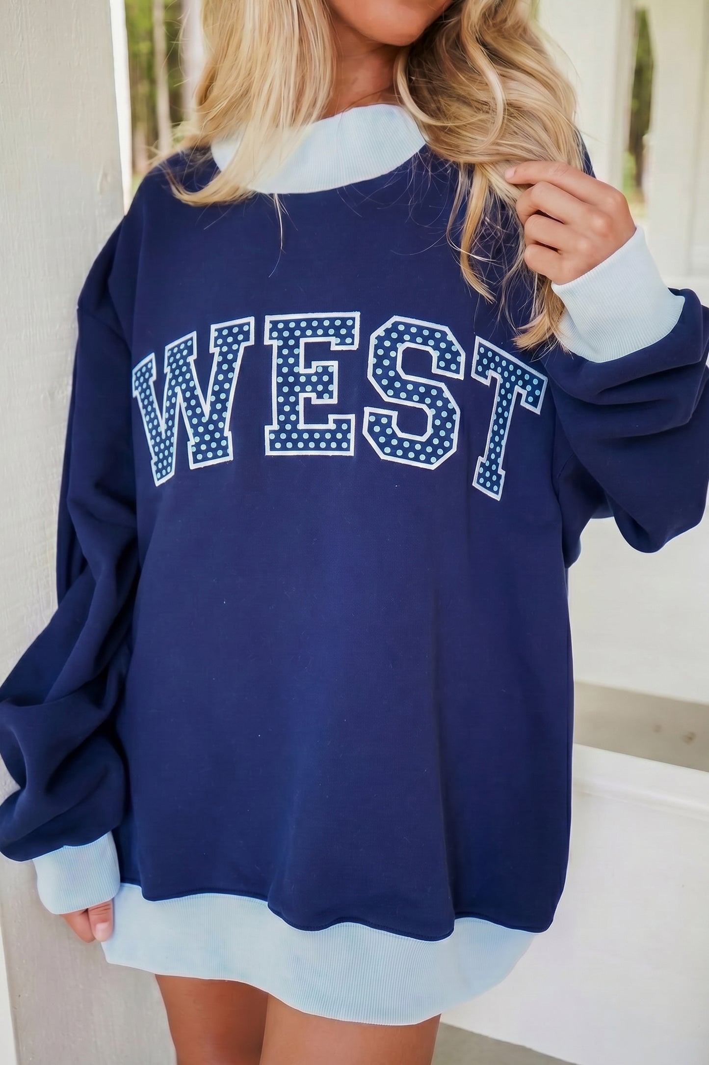 Polka Dot Letter Graphic Colorblock Mock Neck Tunic Sweatshirt