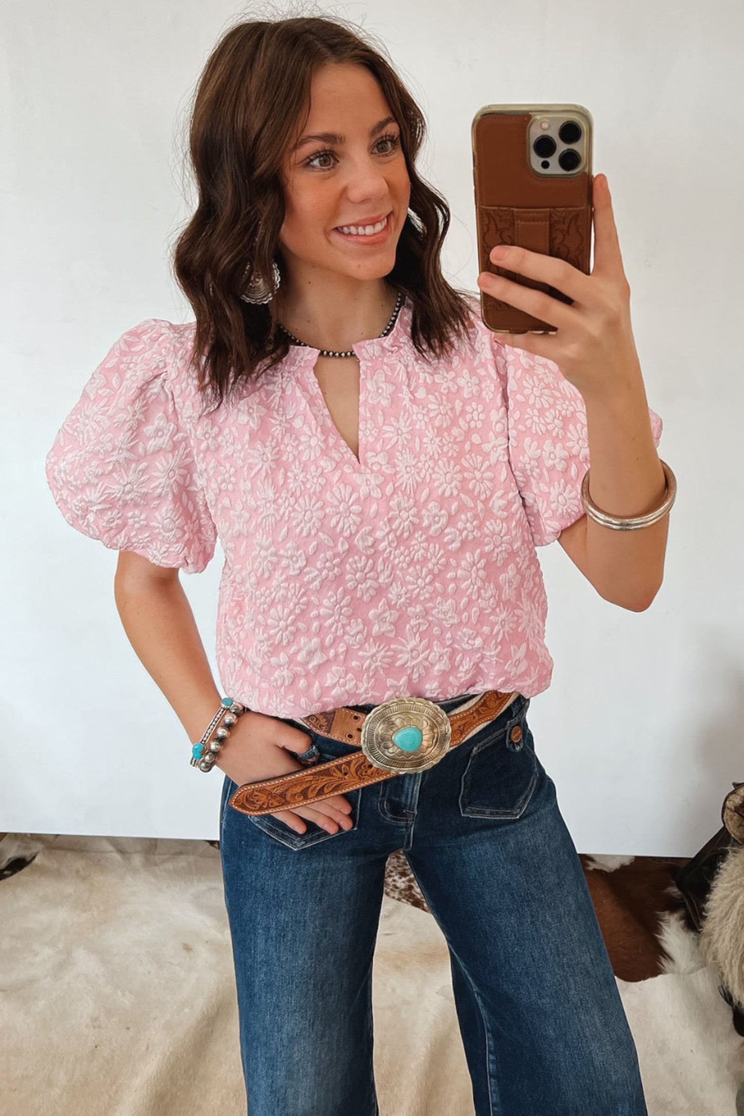 Beige Floral Textured Jacquard Puff Sleeve Blouse